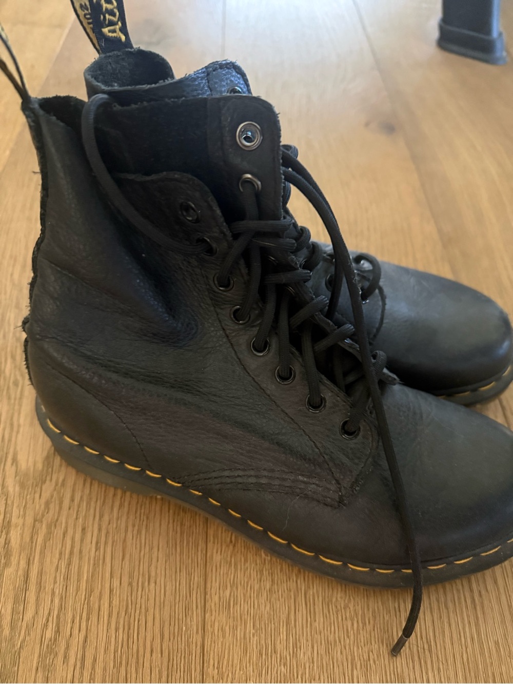 Dr. Martens Black Leather Lace-Up Ankle Boots with Yellow Stitching